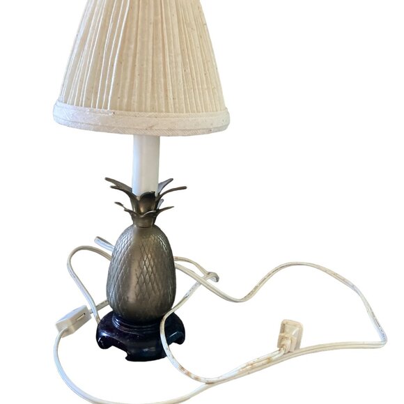 Andrea by Sadek Brass Mini Wood Base Pineapple Lamp with Shade 11.5 in - Picture 10 of 13